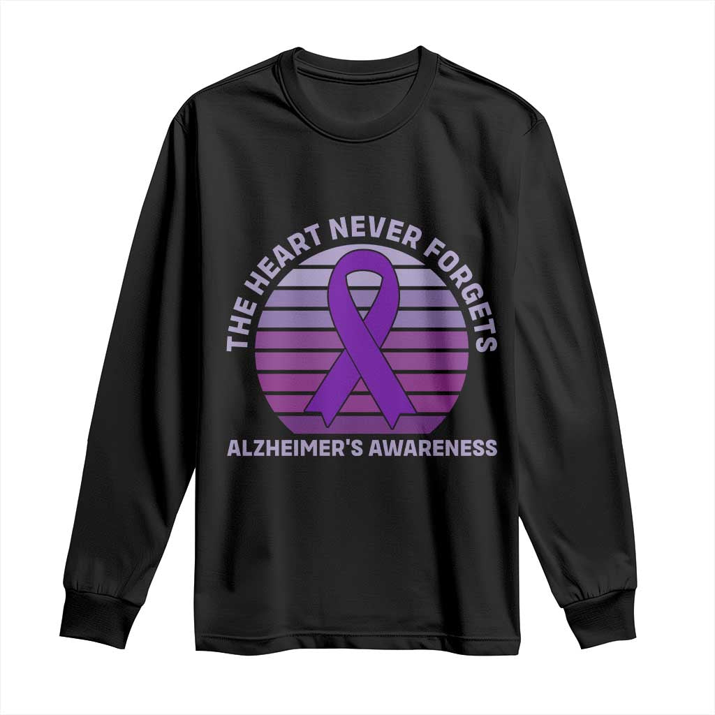 The Heart Never Forgets Alzheimers Support Long Sleeve Shirt Vintage Sunset Purple Ribbon Graphic