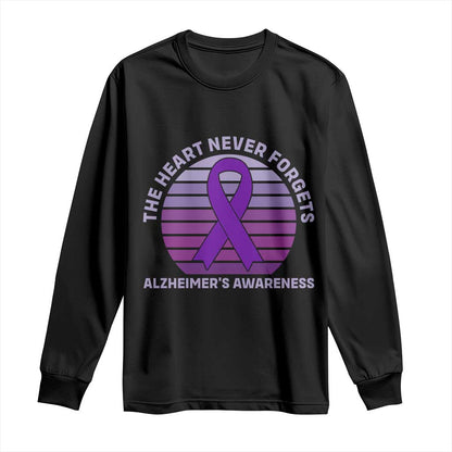 The Heart Never Forgets Alzheimers Support Long Sleeve Shirt Vintage Sunset Purple Ribbon Graphic