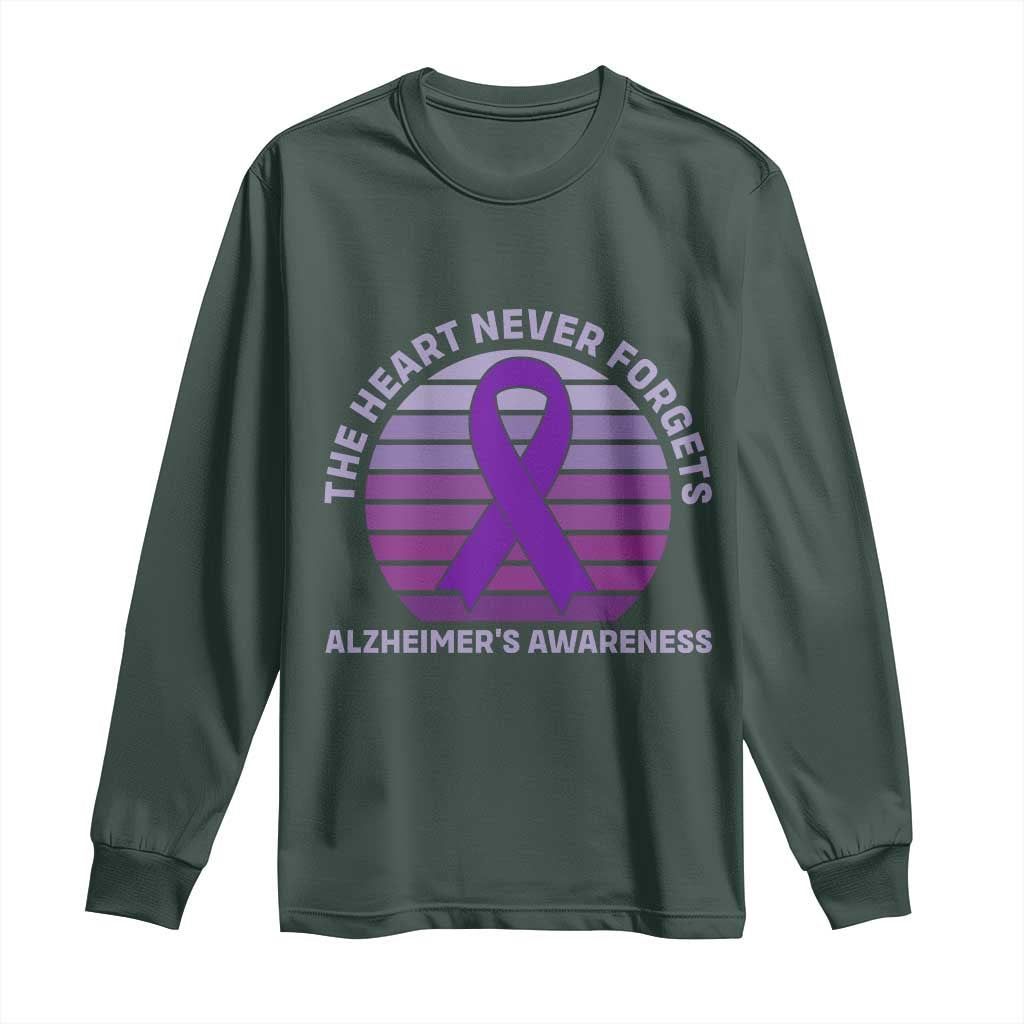 The Heart Never Forgets Alzheimers Support Long Sleeve Shirt Vintage Sunset Purple Ribbon Graphic