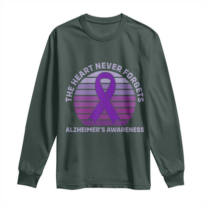 The Heart Never Forgets Alzheimers Support Long Sleeve Shirt Vintage Sunset Purple Ribbon Graphic