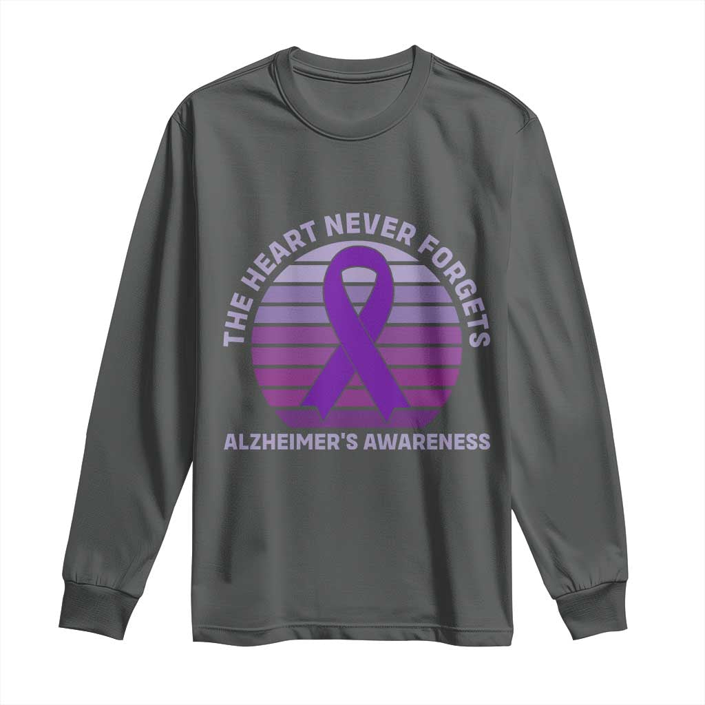 The Heart Never Forgets Alzheimers Support Long Sleeve Shirt Vintage Sunset Purple Ribbon Graphic