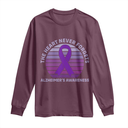 The Heart Never Forgets Alzheimers Support Long Sleeve Shirt Vintage Sunset Purple Ribbon Graphic