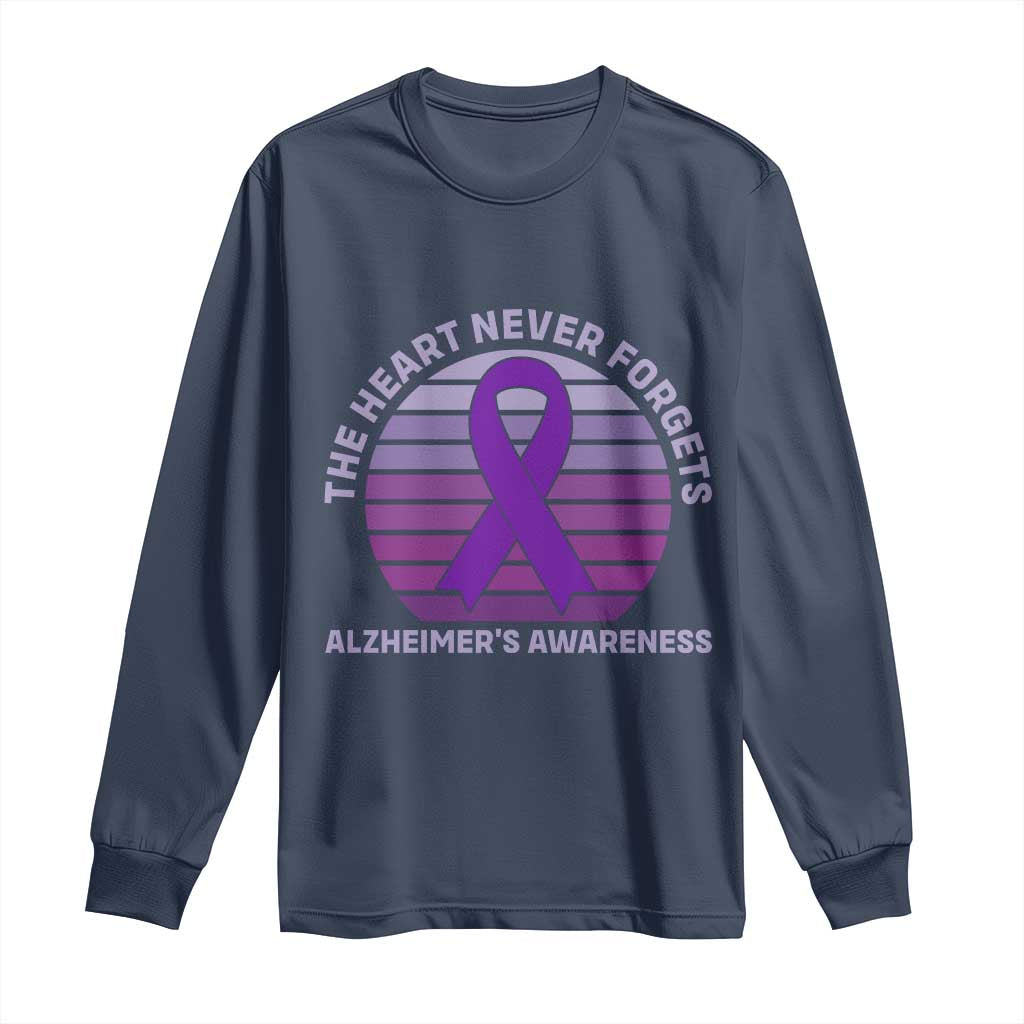 The Heart Never Forgets Alzheimers Support Long Sleeve Shirt Vintage Sunset Purple Ribbon Graphic