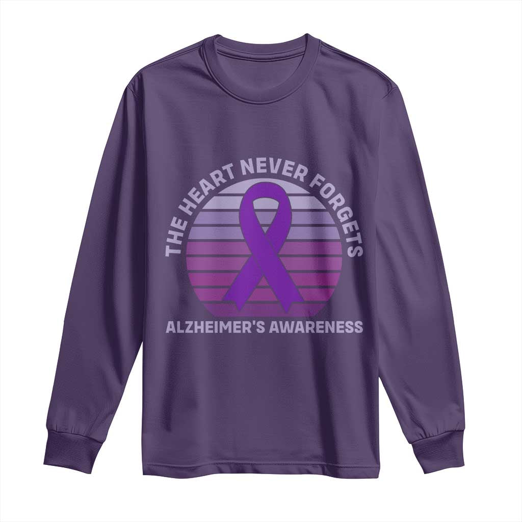 The Heart Never Forgets Alzheimers Support Long Sleeve Shirt Vintage Sunset Purple Ribbon Graphic