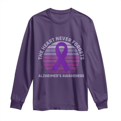 The Heart Never Forgets Alzheimers Support Long Sleeve Shirt Vintage Sunset Purple Ribbon Graphic