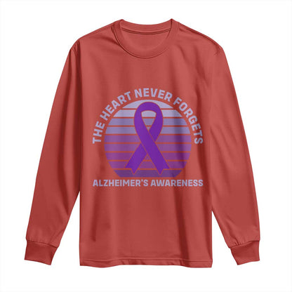 The Heart Never Forgets Alzheimers Support Long Sleeve Shirt Vintage Sunset Purple Ribbon Graphic