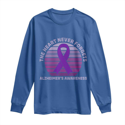 The Heart Never Forgets Alzheimers Support Long Sleeve Shirt Vintage Sunset Purple Ribbon Graphic