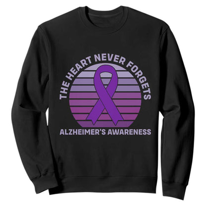 The Heart Never Forgets Alzheimers Support Sweatshirt Vintage Sunset Purple Ribbon Graphic