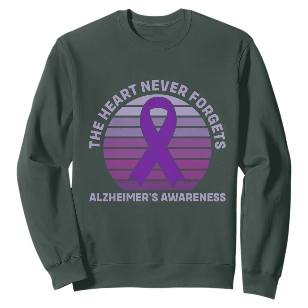 The Heart Never Forgets Alzheimers Support Sweatshirt Vintage Sunset Purple Ribbon Graphic