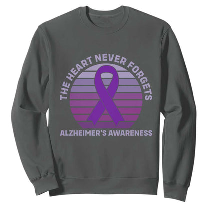 The Heart Never Forgets Alzheimers Support Sweatshirt Vintage Sunset Purple Ribbon Graphic