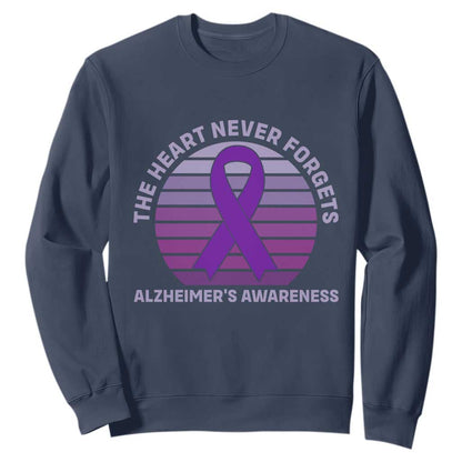 The Heart Never Forgets Alzheimers Support Sweatshirt Vintage Sunset Purple Ribbon Graphic