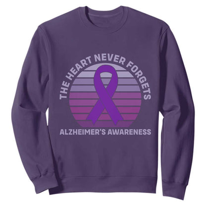 The Heart Never Forgets Alzheimers Support Sweatshirt Vintage Sunset Purple Ribbon Graphic
