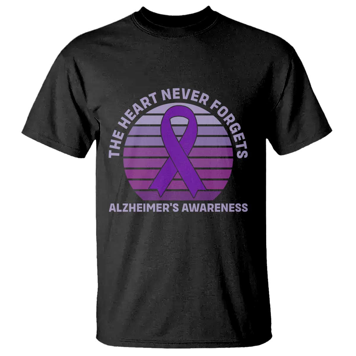 The Heart Never Forgets Alzheimers Support T Shirt Vintage Sunset Purple Ribbon Graphic