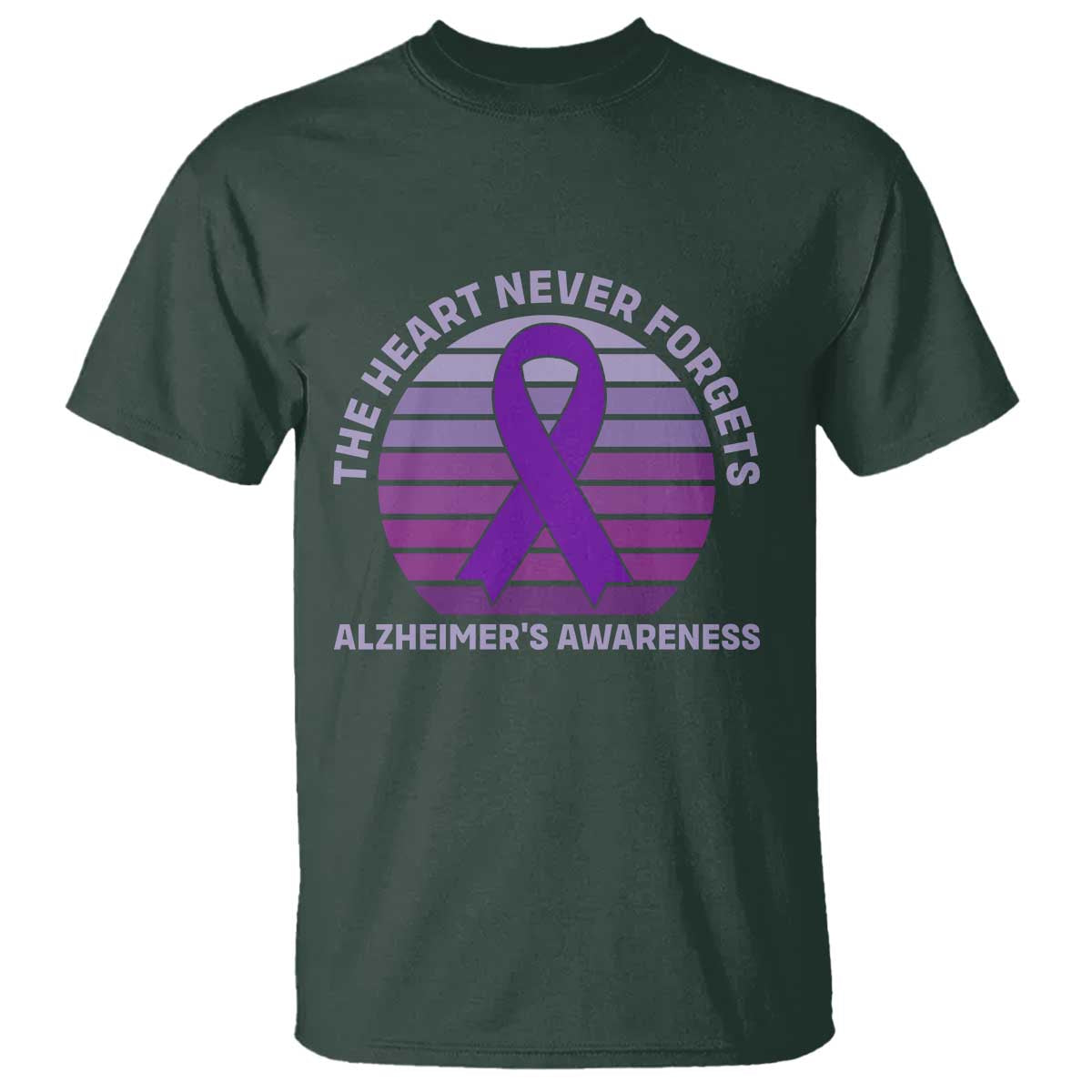 The Heart Never Forgets Alzheimers Support T Shirt Vintage Sunset Purple Ribbon Graphic