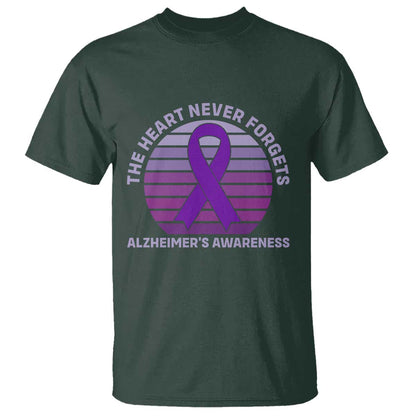 The Heart Never Forgets Alzheimers Support T Shirt Vintage Sunset Purple Ribbon Graphic