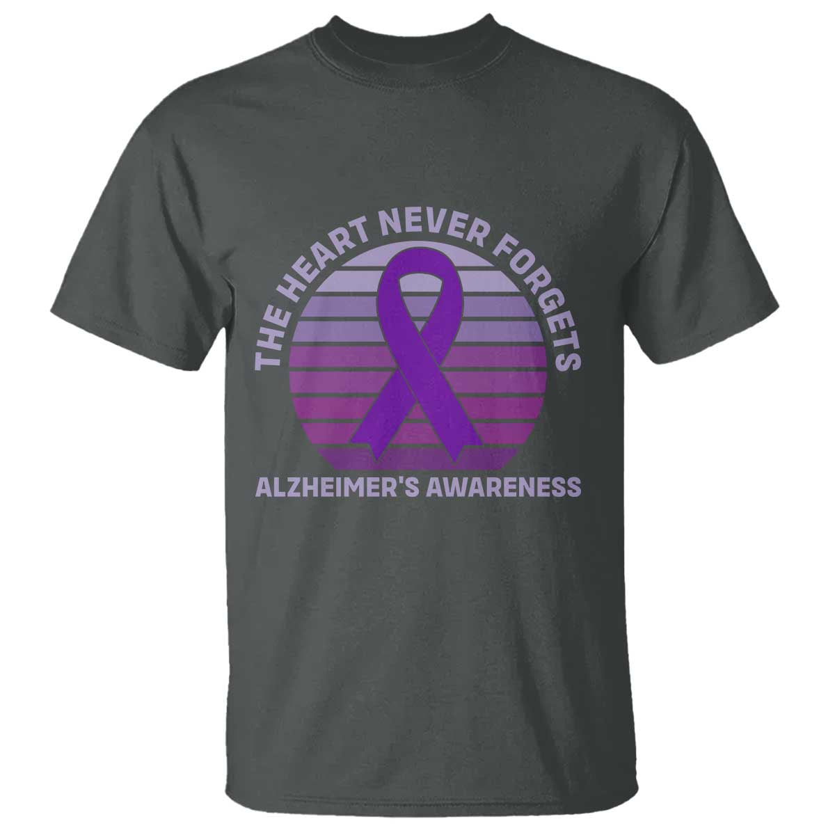 The Heart Never Forgets Alzheimers Support T Shirt Vintage Sunset Purple Ribbon Graphic