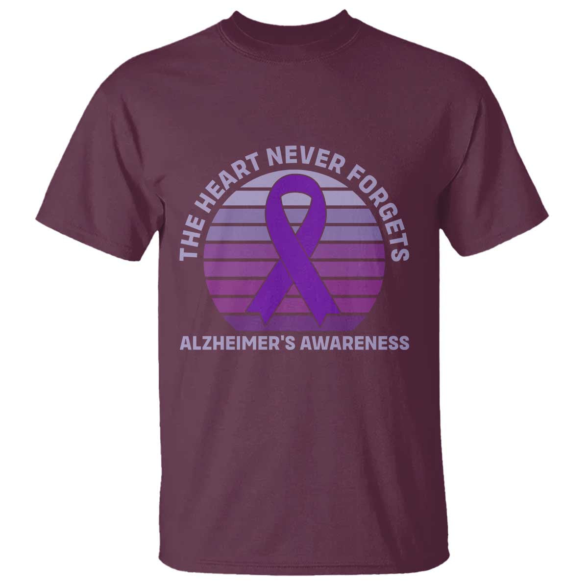 The Heart Never Forgets Alzheimers Support T Shirt Vintage Sunset Purple Ribbon Graphic