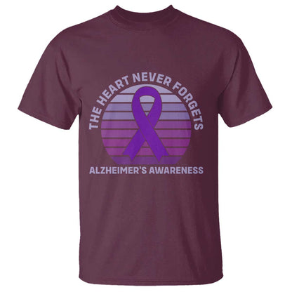 The Heart Never Forgets Alzheimers Support T Shirt Vintage Sunset Purple Ribbon Graphic