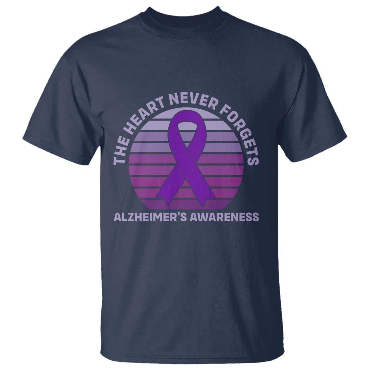 The Heart Never Forgets Alzheimers Support T Shirt Vintage Sunset Purple Ribbon Graphic