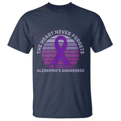 The Heart Never Forgets Alzheimers Support T Shirt Vintage Sunset Purple Ribbon Graphic