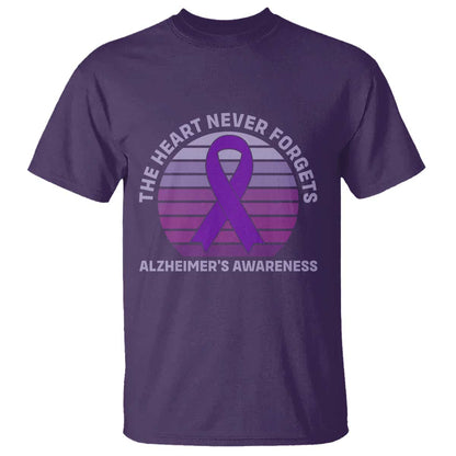 The Heart Never Forgets Alzheimers Support T Shirt Vintage Sunset Purple Ribbon Graphic