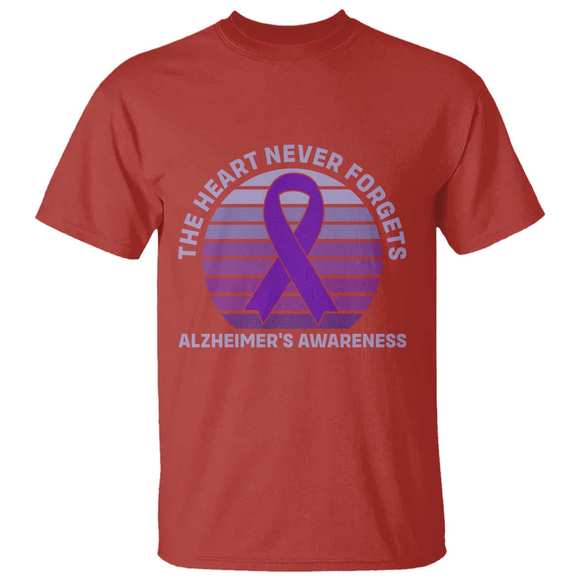 The Heart Never Forgets Alzheimers Support T Shirt Vintage Sunset Purple Ribbon Graphic