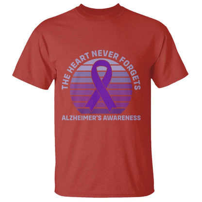 The Heart Never Forgets Alzheimers Support T Shirt Vintage Sunset Purple Ribbon Graphic