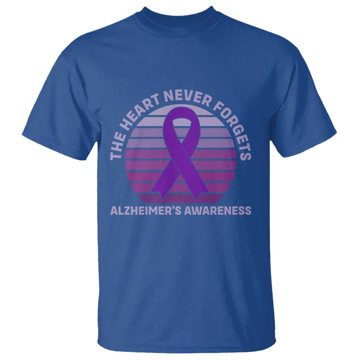 The Heart Never Forgets Alzheimers Support T Shirt Vintage Sunset Purple Ribbon Graphic