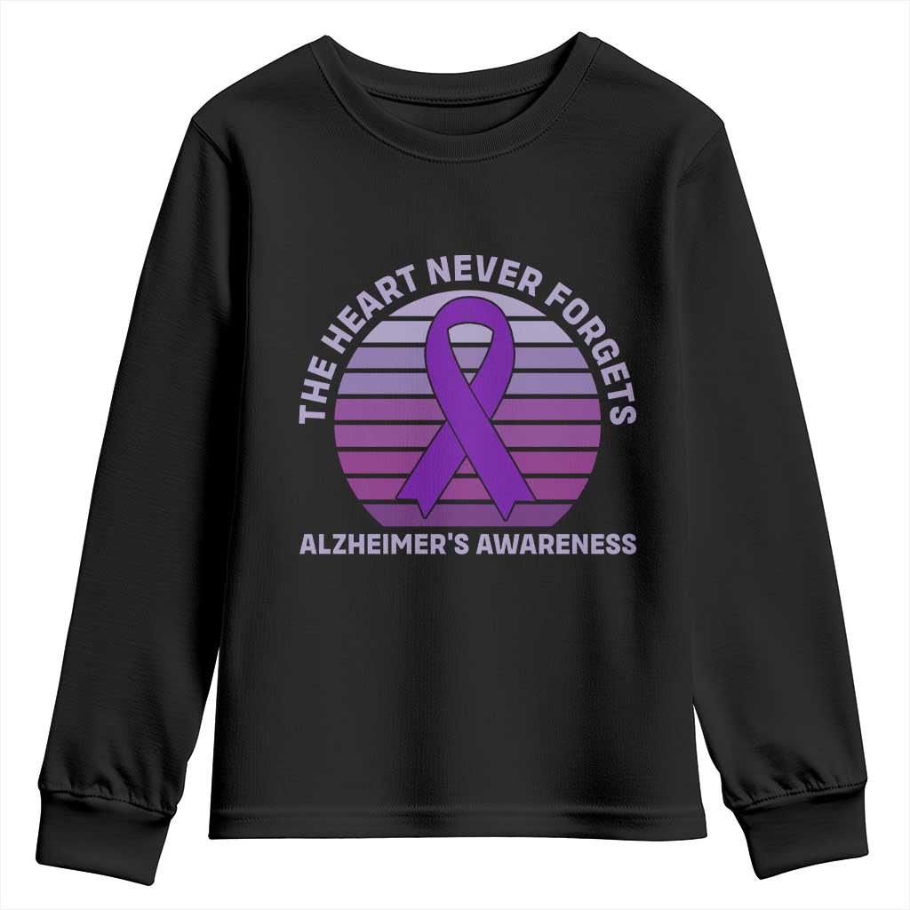 The Heart Never Forgets Alzheimers Support Youth Sweatshirt Vintage Sunset Purple Ribbon Graphic