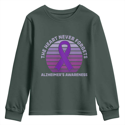 The Heart Never Forgets Alzheimers Support Youth Sweatshirt Vintage Sunset Purple Ribbon Graphic