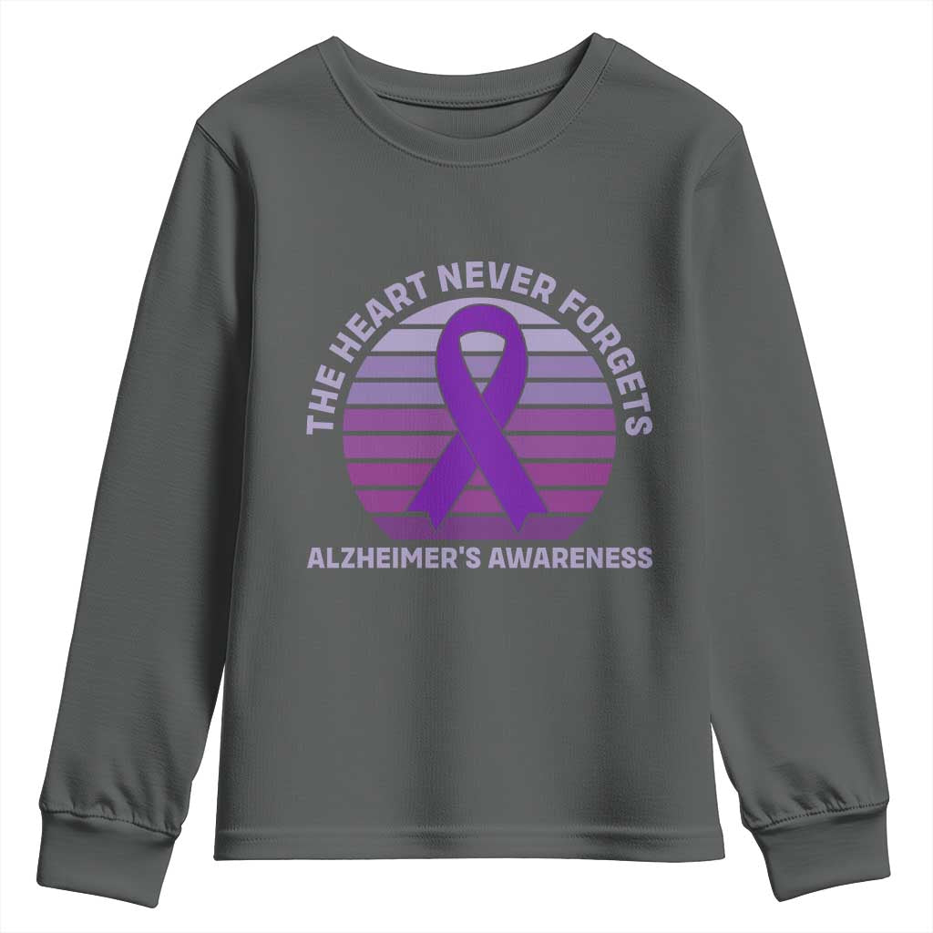 The Heart Never Forgets Alzheimers Support Youth Sweatshirt Vintage Sunset Purple Ribbon Graphic
