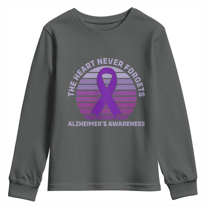 The Heart Never Forgets Alzheimers Support Youth Sweatshirt Vintage Sunset Purple Ribbon Graphic