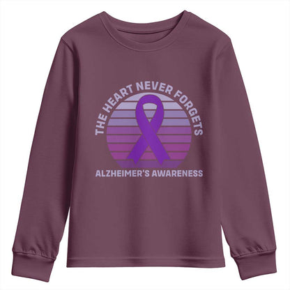 The Heart Never Forgets Alzheimers Support Youth Sweatshirt Vintage Sunset Purple Ribbon Graphic