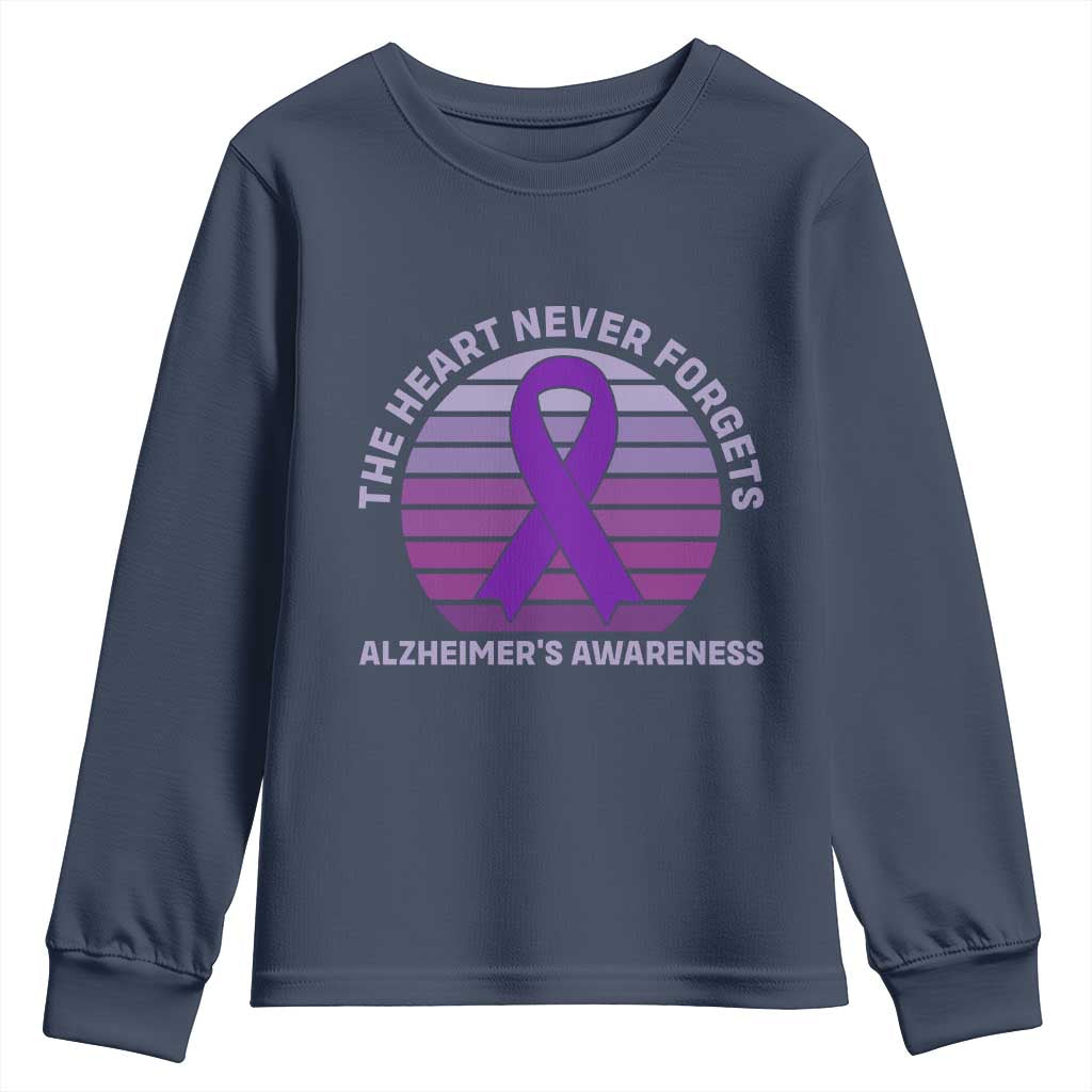 The Heart Never Forgets Alzheimers Support Youth Sweatshirt Vintage Sunset Purple Ribbon Graphic