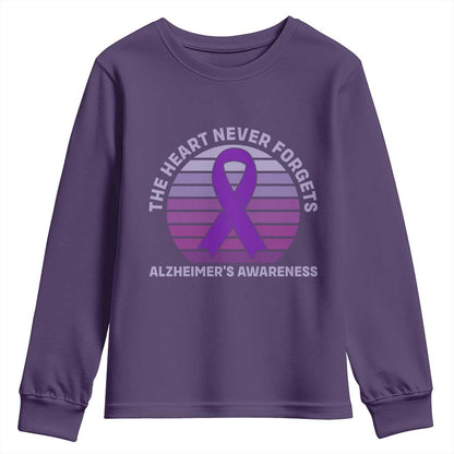 The Heart Never Forgets Alzheimers Support Youth Sweatshirt Vintage Sunset Purple Ribbon Graphic
