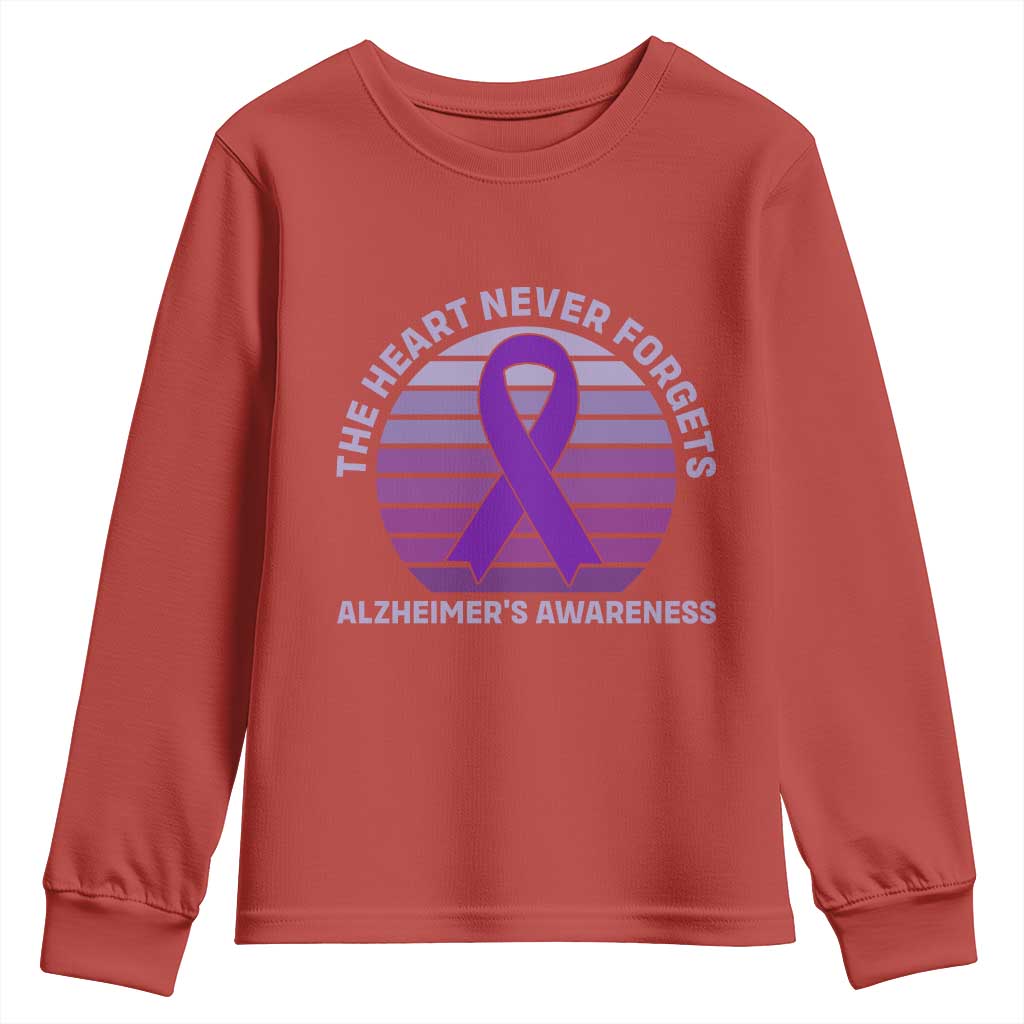 The Heart Never Forgets Alzheimers Support Youth Sweatshirt Vintage Sunset Purple Ribbon Graphic