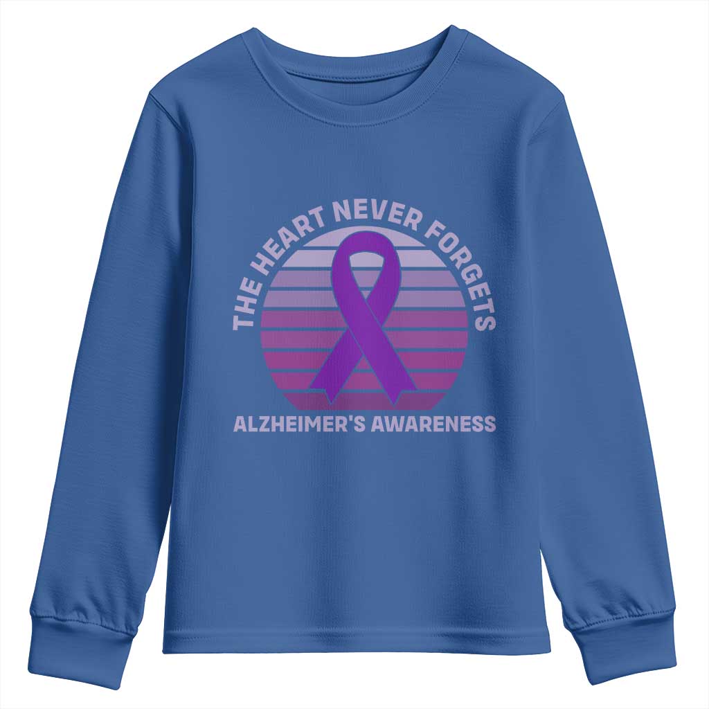 The Heart Never Forgets Alzheimers Support Youth Sweatshirt Vintage Sunset Purple Ribbon Graphic