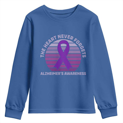 The Heart Never Forgets Alzheimers Support Youth Sweatshirt Vintage Sunset Purple Ribbon Graphic