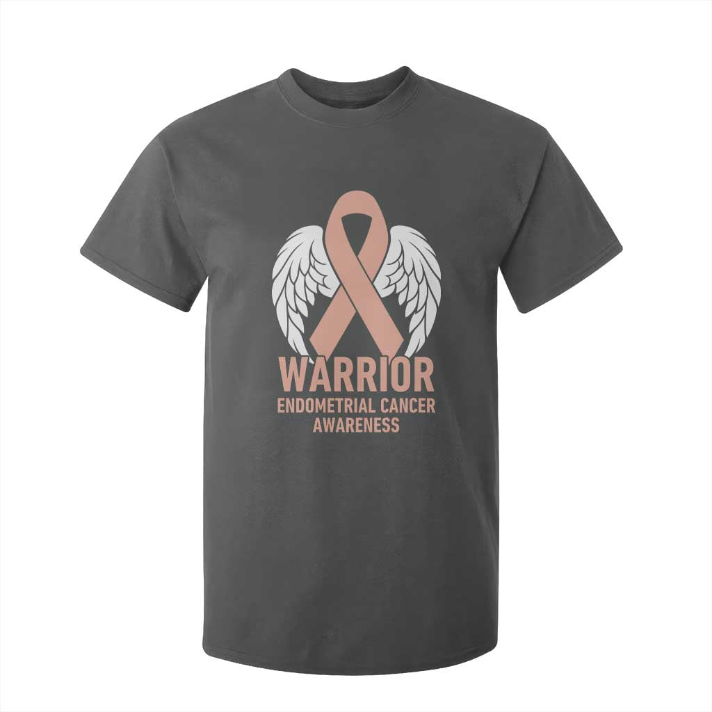 Endometrial Cancer Warrior T Shirt For Kid Peach Ribbon Angel Wings Support