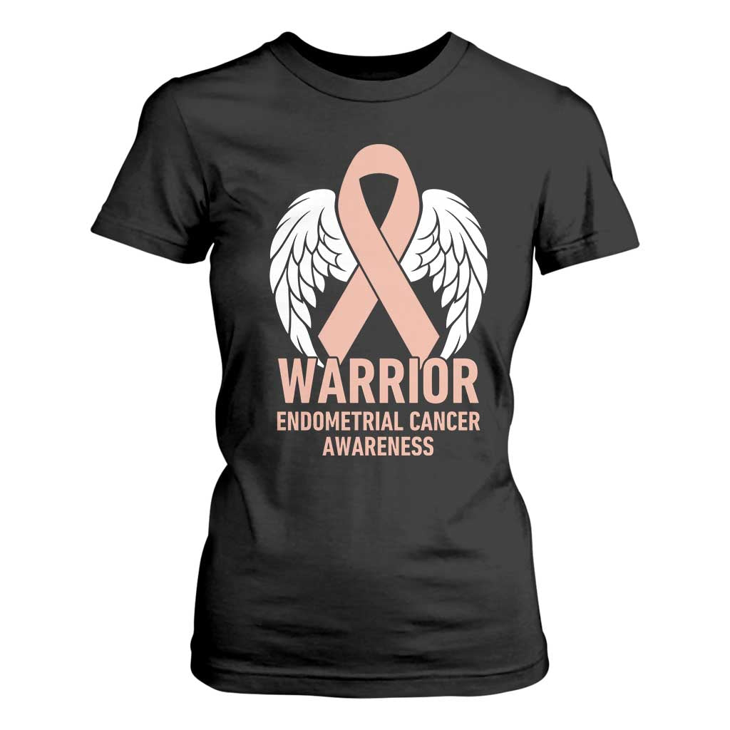 Endometrial Cancer Warrior T Shirt For Women Peach Ribbon Angel Wings Support