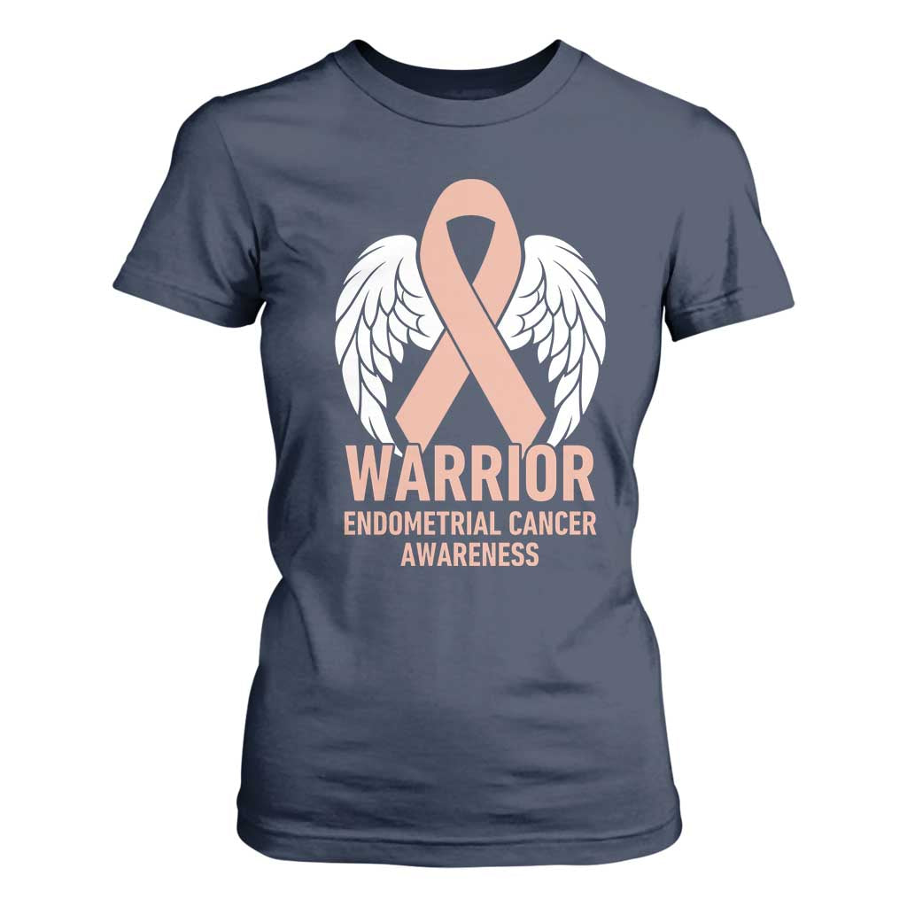 Endometrial Cancer Warrior T Shirt For Women Peach Ribbon Angel Wings Support