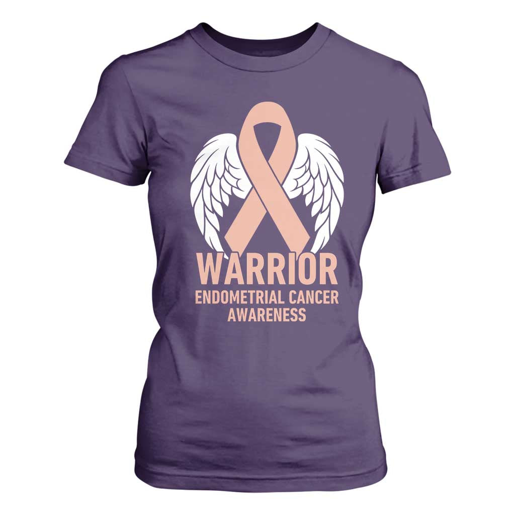 Endometrial Cancer Warrior T Shirt For Women Peach Ribbon Angel Wings Support
