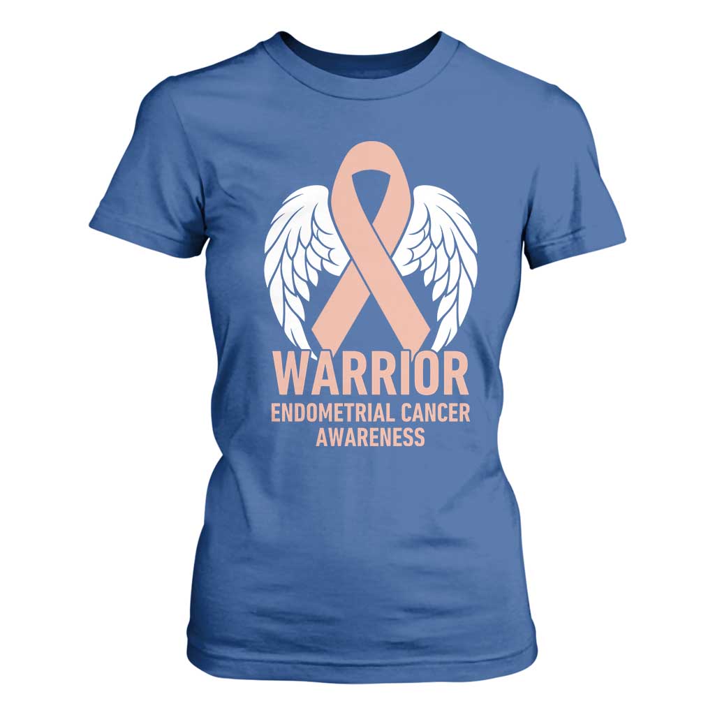 Endometrial Cancer Warrior T Shirt For Women Peach Ribbon Angel Wings Support