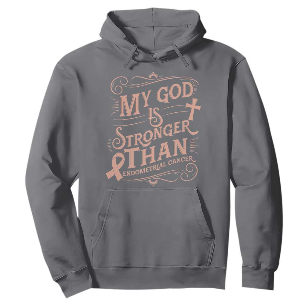 Christian Faith Peach Ribbon Hoodie My God Is Stronger Than Endometrial Cancer