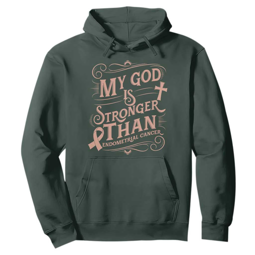 Christian Faith Peach Ribbon Hoodie My God Is Stronger Than Endometrial Cancer