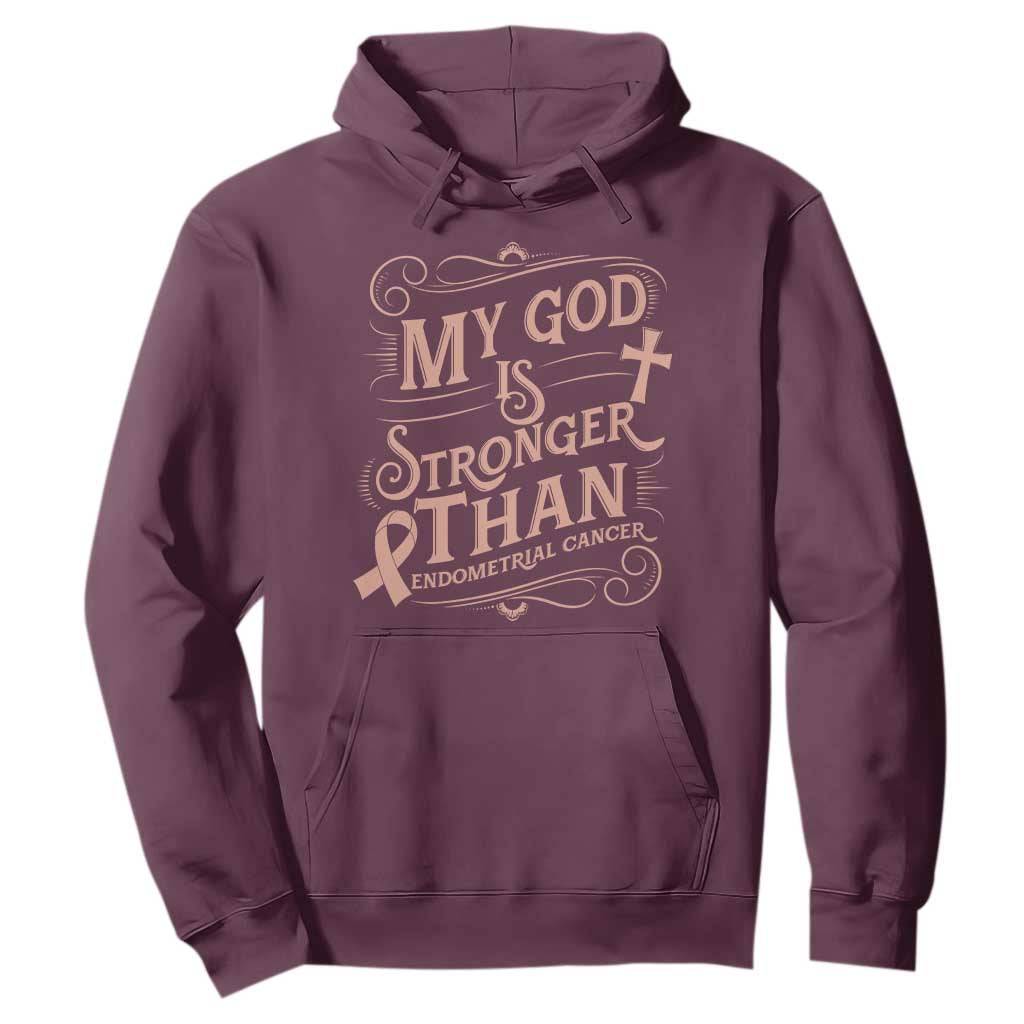 Christian Faith Peach Ribbon Hoodie My God Is Stronger Than Endometrial Cancer