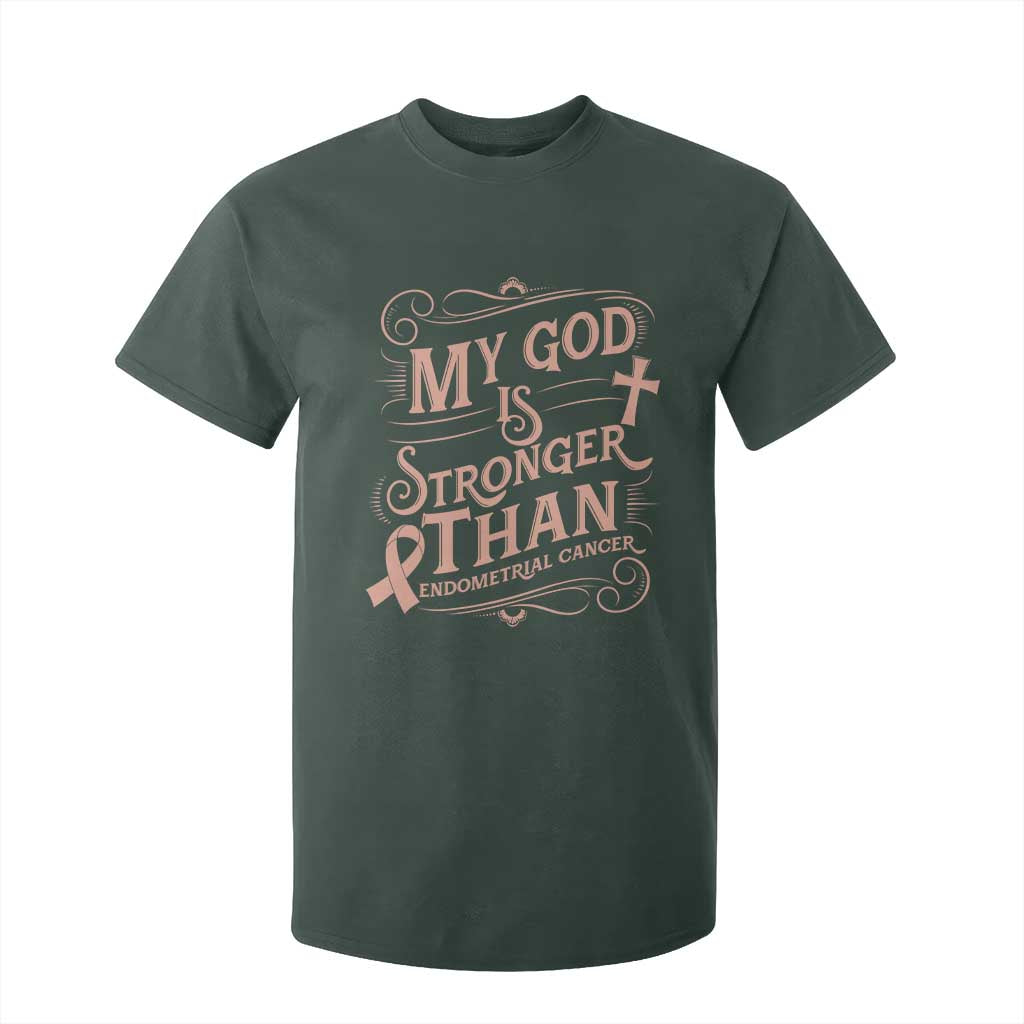 Christian Faith Peach Ribbon T Shirt For Kid My God Is Stronger Than Endometrial Cancer