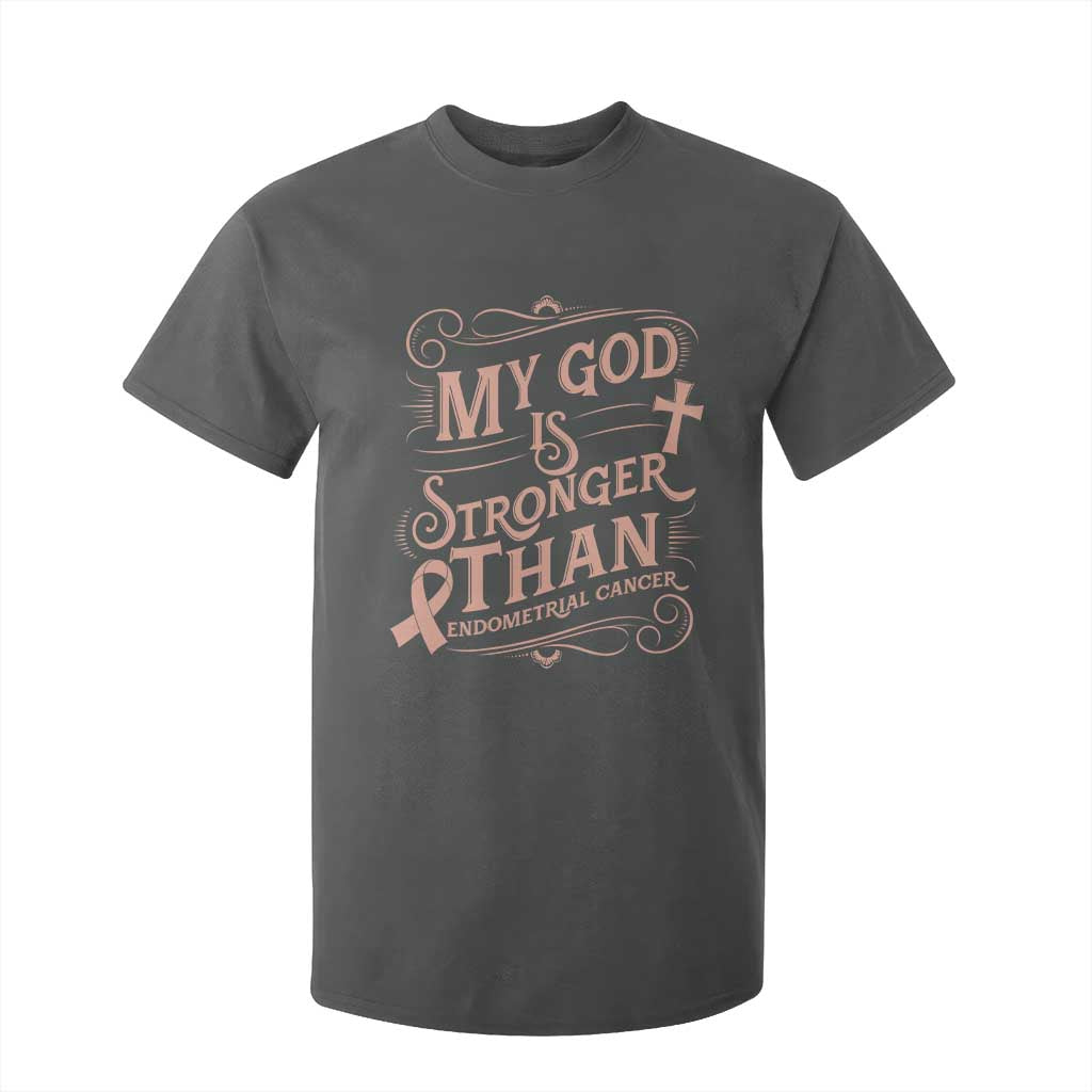 Christian Faith Peach Ribbon T Shirt For Kid My God Is Stronger Than Endometrial Cancer