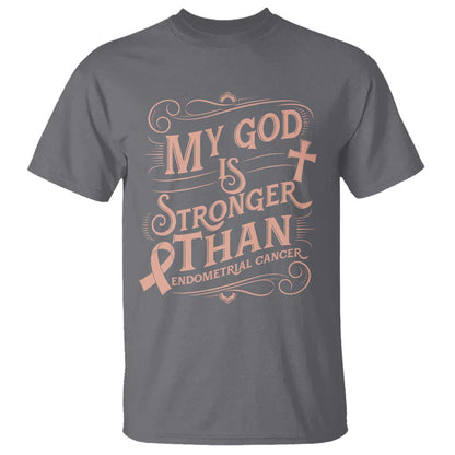 Christian Faith Peach Ribbon T Shirt My God Is Stronger Than Endometrial Cancer