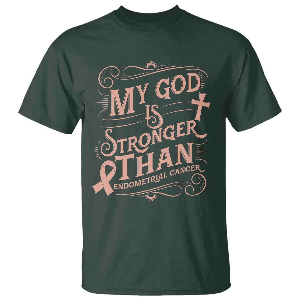 Christian Faith Peach Ribbon T Shirt My God Is Stronger Than Endometrial Cancer